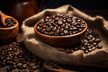 Wooden bowl is filled with coffee beans.