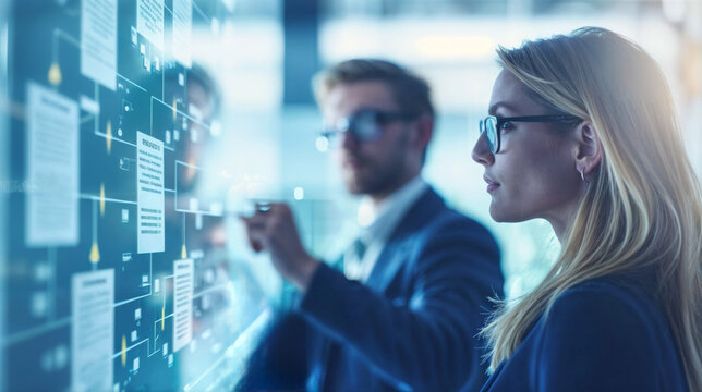 cadre d'entreprise analysant un organigramme sur un tableau.