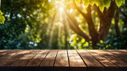 Wooden bench is in front of tree with sunlight shining through the leaves.