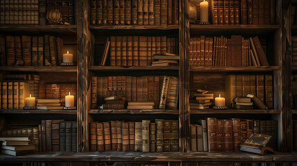 A digital rendering of an ancient library illuminated by soft candlelight, with dusty tomes lining weathered shelves, evoking a sense of nostalgia and wonder - obrazy, fototapety, plakaty
