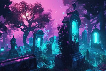 A serene cemetery filled with tombstones and surrounded by towering trees, offering a tranquil final resting place, A haunted graveyard with eerie, glowing tombs, AI Generated