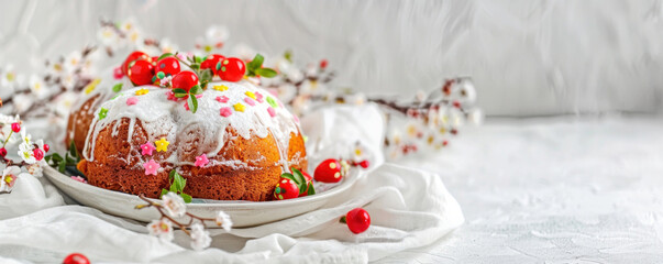 Fototapeta na wymiar Traditional Russian Easter cake on a light background, copy space. Traditional Easter holiday