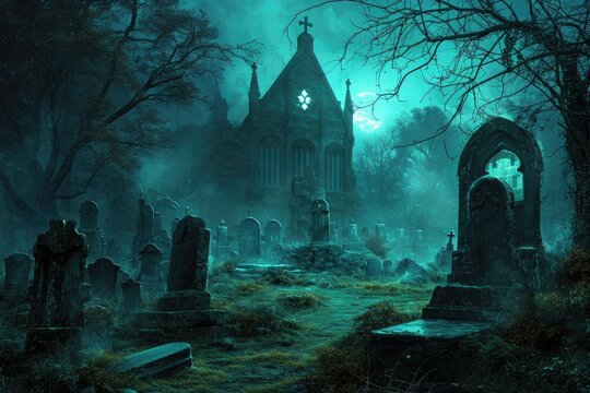 A haunting photo of a cemetery at night, showcasing a cemetery in the foreground, A haunted graveyard with eerie, glowing tombs, AI Generated