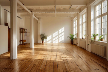 Room with large windows wood floors and potted plants in the corners of the room.