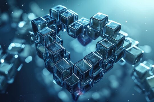 A heart made of cubes, formed on a vibrant blue background, A heart made of blockchain blocks representing blockchain in healthcare, AI Generated - Powered by Adobe