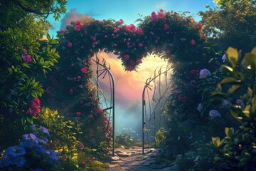 This exquisite painting captures the serenity and vibrancy of a garden adorned with lush flowers and a charming gate, A heart-shaped gate leading to a secret garden, AI Generated - obrazy, fototapety, plakaty