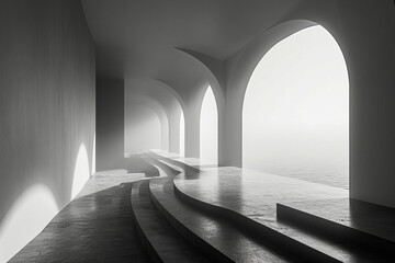 Black and white photo of stairway leading to arched doorway with fog in the background.