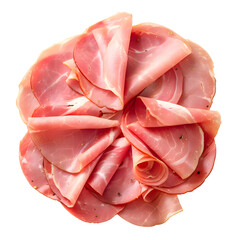 Sliced boiled ham sausage isolated on transparent background, top view - obrazy, fototapety, plakaty