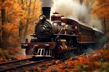 Vintage steam locomotive chugging through autumn forest.