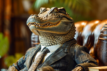 Crocodile statue wearing suit and tie with open jaws.