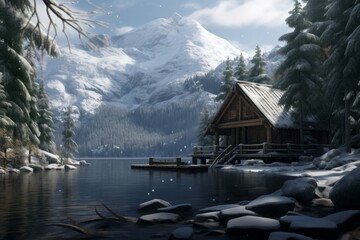 Wooden cabin in snowy forest with frozen lake and mountain view