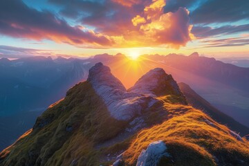 Sun Setting Over Mountain Range, A Breathtaking Natural Phenomenon, A heart-shaped mountain peak with a beautiful sunrise behind it, AI Generated