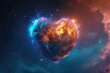 Obraz premium A heart-shaped object, resembling love, floating peacefully through the endless expanse of the sky, A heart-shaped planet with Valentine's Day greeting, AI Generated