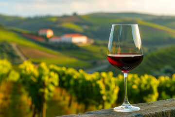 Glass of red wine is sitting on ledge overlooking vineyard.