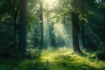 Vibrant sunlight filters through the lush canopy of trees, creating enchanting patterns of light and shadow, A hidden forest glade with sunlight filtering through the trees, AI Generated - obrazy, fototapety, plakaty