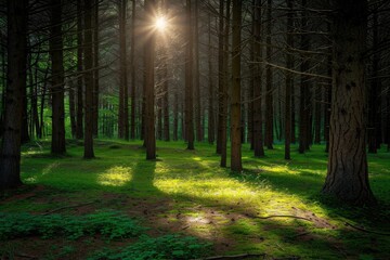 A photo capturing the natural beauty of the sun shining through the trees in a dense forest, A hidden forest glade with sunlight filtering through the trees, AI Generated