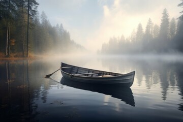Rowboat on a calm lake with a misty forest.