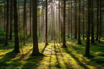 A stunning photo capturing the radiant sun shining through the dense canopy of a forest, A hidden forest glade with sunlight filtering through the trees, AI Generated - obrazy, fototapety, plakaty