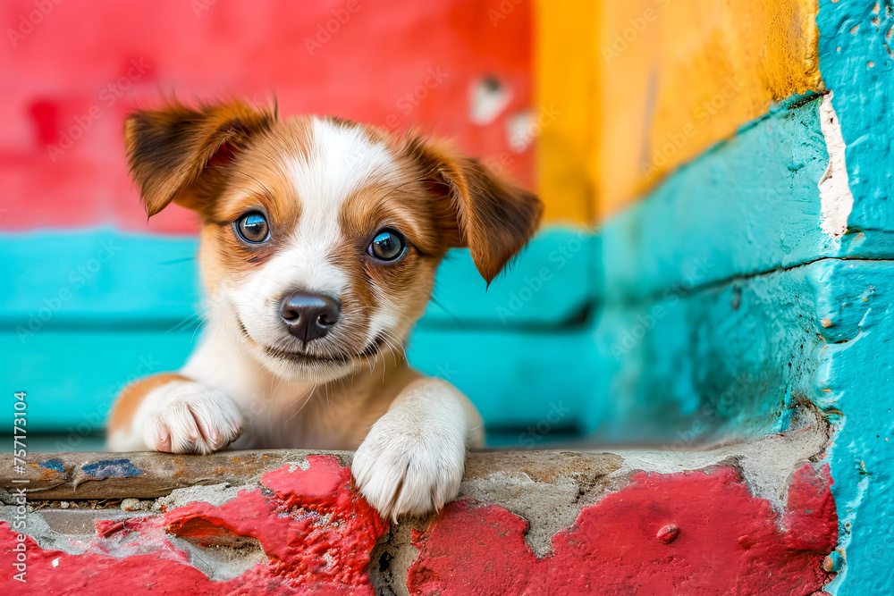 Canvas Prints puppy with blue eyes stands on brick wall.