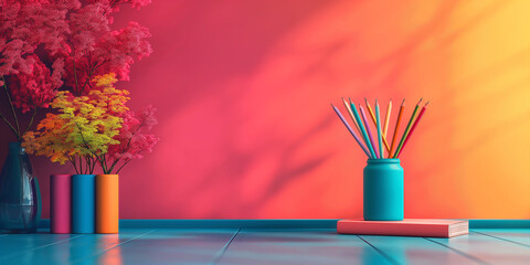 Colorful pencils and notebook on an orange background.School and education creative background. Concept: back to school, lesson, class, high school, university and college.