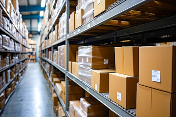 Warehouse with boxes on shelves some of which have labels on them.