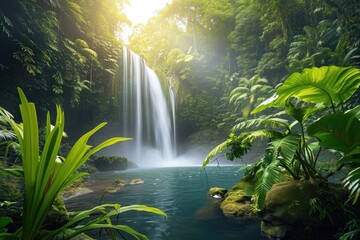 A breathtaking waterfall cascades down in the middle of a lush forest surrounded by vibrant greenery, A hidden waterfall surrounded by vibrant rainforest, AI Generated - obrazy, fototapety, plakaty