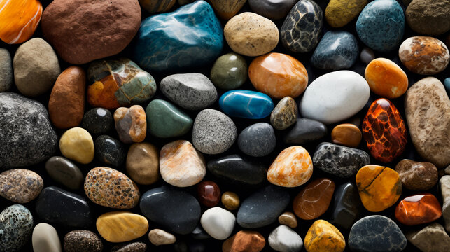 Close up of various colored rocks stones and marbles.