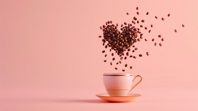 Joyful installation with heart shaped coffee bean explosion above a cup of coffe on a pastel pink background.  Minimal advertisment banner
