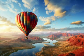 Fototapeta premium A hot air balloon soaring over a vast and colorful landscape.