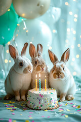 Fototapeta na wymiar Three rabbits are sitting in front of birthday cake with lit candles.