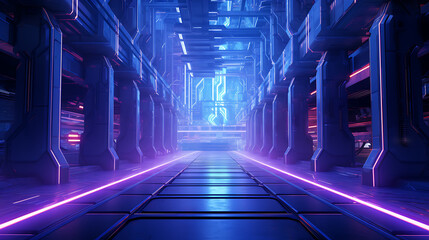 Deserted futuristic tunnel illuminated by blue neo Light