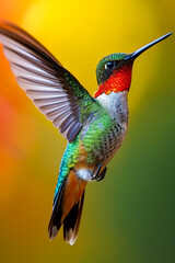 Hummingbird is flying with its wings fully spread out.
