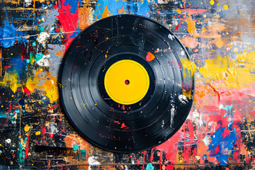 Record has yellow center and is surrounded by multicolored splatters of paint. - obrazy, fototapety, plakaty