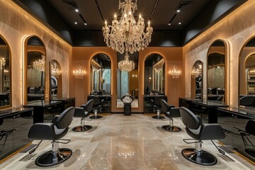 A large, elegant room featuring a stunning chandelier and an assortment of comfortable chairs, A high-end hair salon with plush interiors and chandeliers, AI Generated