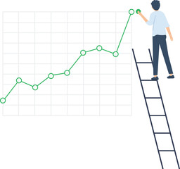 Investor. Businessman climbing up on a ladder to adjust an uptrend graph chart on a wall. Vector artwork depicts financial success, bullish stock market, good sales, profit, and growth.

