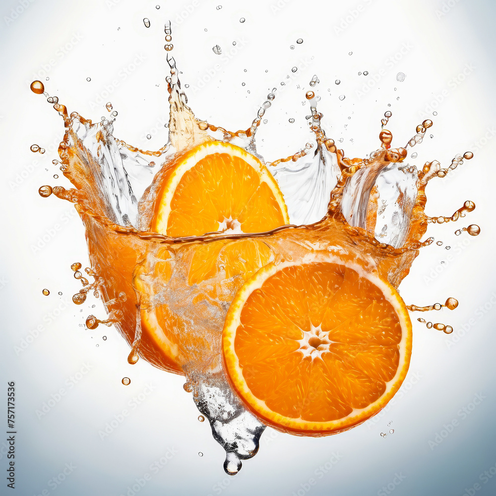 Poster Couple of oranges are shown splashing out of blender with the orange pieces flying in different directions.