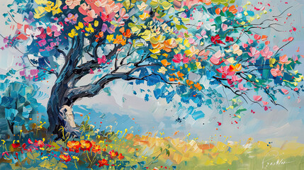 Painting of a tree with colorful flowers in the autumn season. Oil color painting
