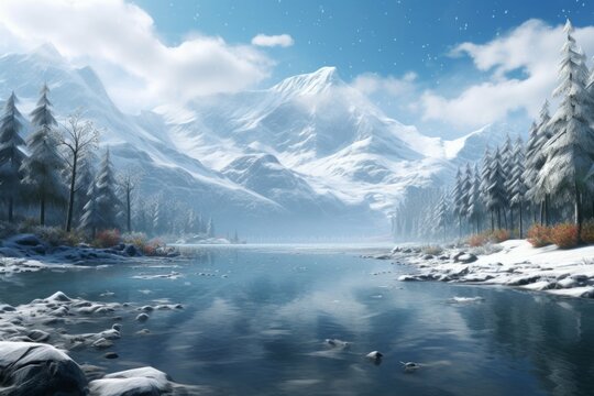 Serene lake surrounded by snow-covered mountains and forest