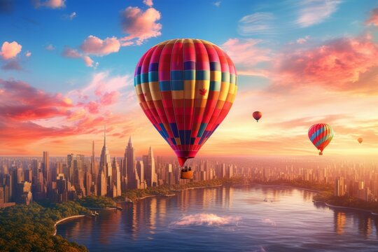 Hot air balloon over vibrant city skyline at sunset