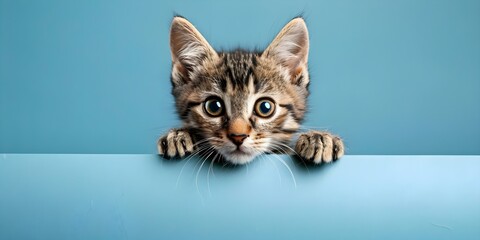 Stray tabby kitten searching for a loving home against a blue backdrop. Concept Cute Kittens, Adoptable Pets, Blue Background, Animal Rescue, Feline Friends