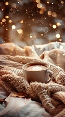 A cozy winter scene with a coffee cup nestled among soft warm blankets
