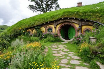 Fototapeta na wymiar Green Hobbit House With Pathway, Quaint and Enchanting Dwelling in Nature, A hobbit style house built into the side of a grassy knoll, AI Generated