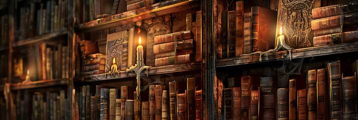 A digital rendering of an ancient library illuminated by soft candlelight, with dusty tomes lining weathered shelves, evoking a sense of nostalgia and wonder