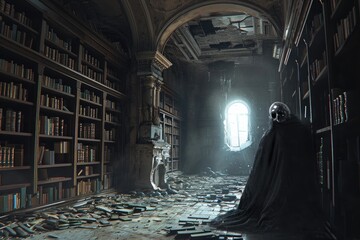 The photograph captures a captivating dark room filled with an immense collection of books, A hollow-eyed spectral entity inside an ancient, dilapidated library, AI Generated - obrazy, fototapety, plakaty