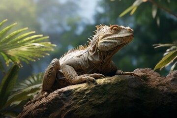 Obraz premium Giant lizard sunbathing on rock in jungle