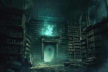 Step into a dimly lit space overflowing with a vast collection of books, A hollow-eyed spectral entity inside an ancient, dilapidated library, AI Generated