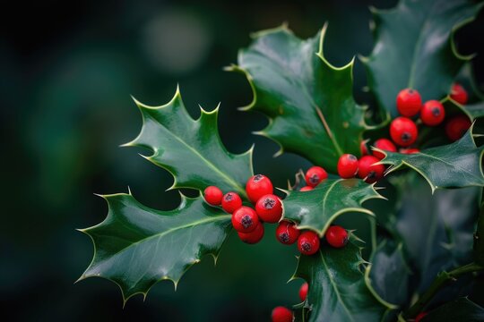 Holly Branch With Red Berries and Green Leaves - Natural Beauty of Festive Season, A holly sprig with sharply pointed leaves and bright red berries, AI Generated