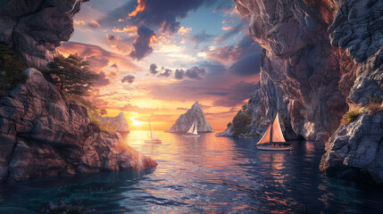 A whimsical pirate cove hidden amidst towering cliffs, with sailboats bobbing on the azure waters...
