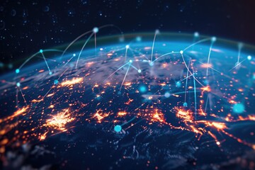A Dazzling Panorama of Earth at Night With Shimmering City Lights, A holographic projection of global internet connectivity, AI Generated