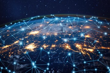 The Earth radiates with a vibrant network of lights, centrally illuminating its surface, A holographic projection of global internet connectivity, AI Generated - obrazy, fototapety, plakaty